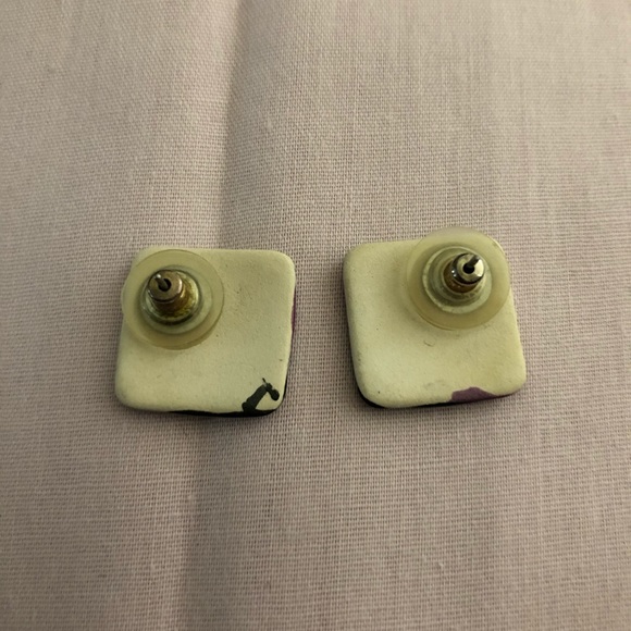 Vintage Pierced Porcelain Earrings - Black, Purple, Cream - Picture 2 of 3